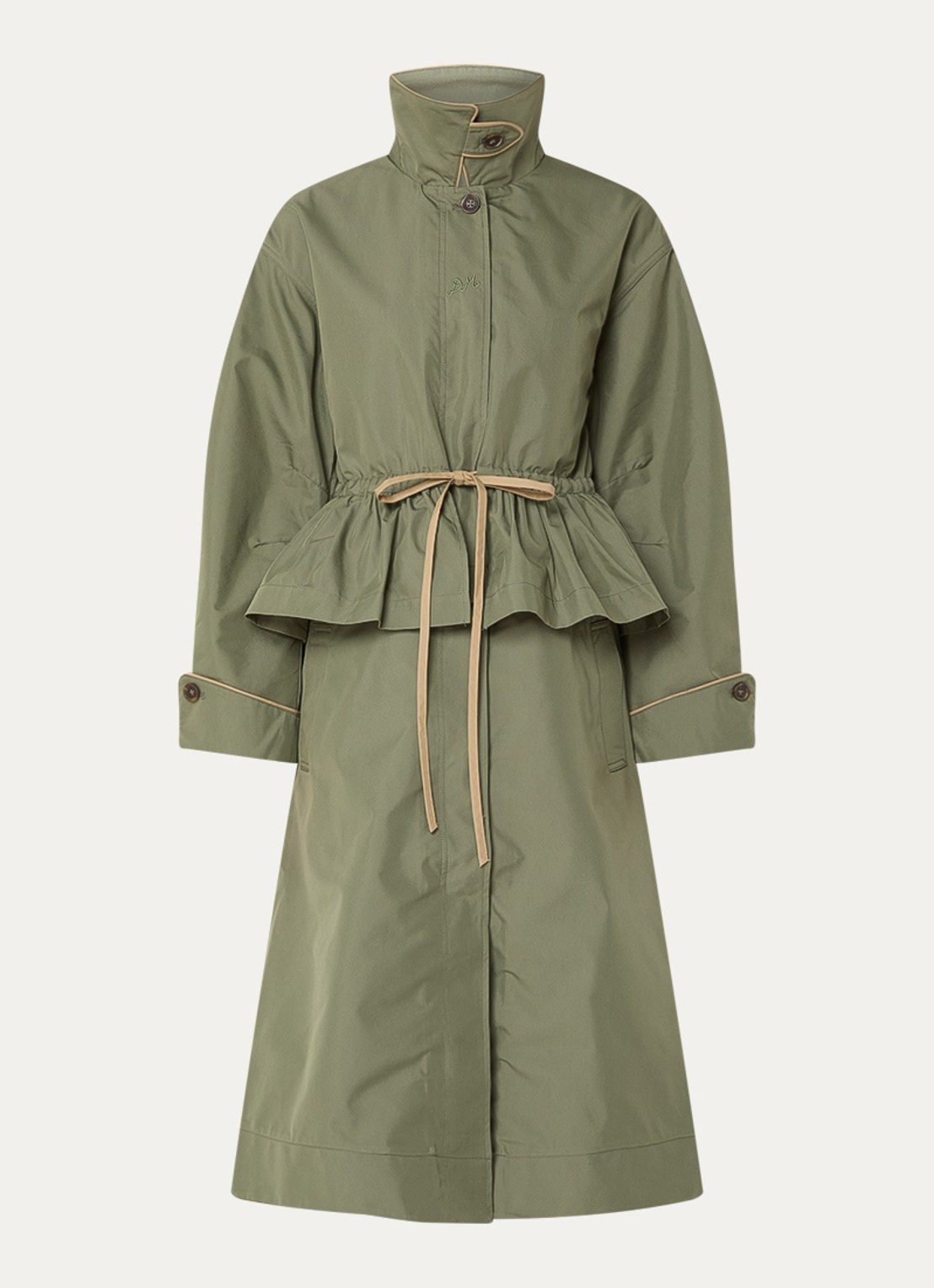 Damson Madder Myrtle trenchcoat met strikceintuur - voorkant groen