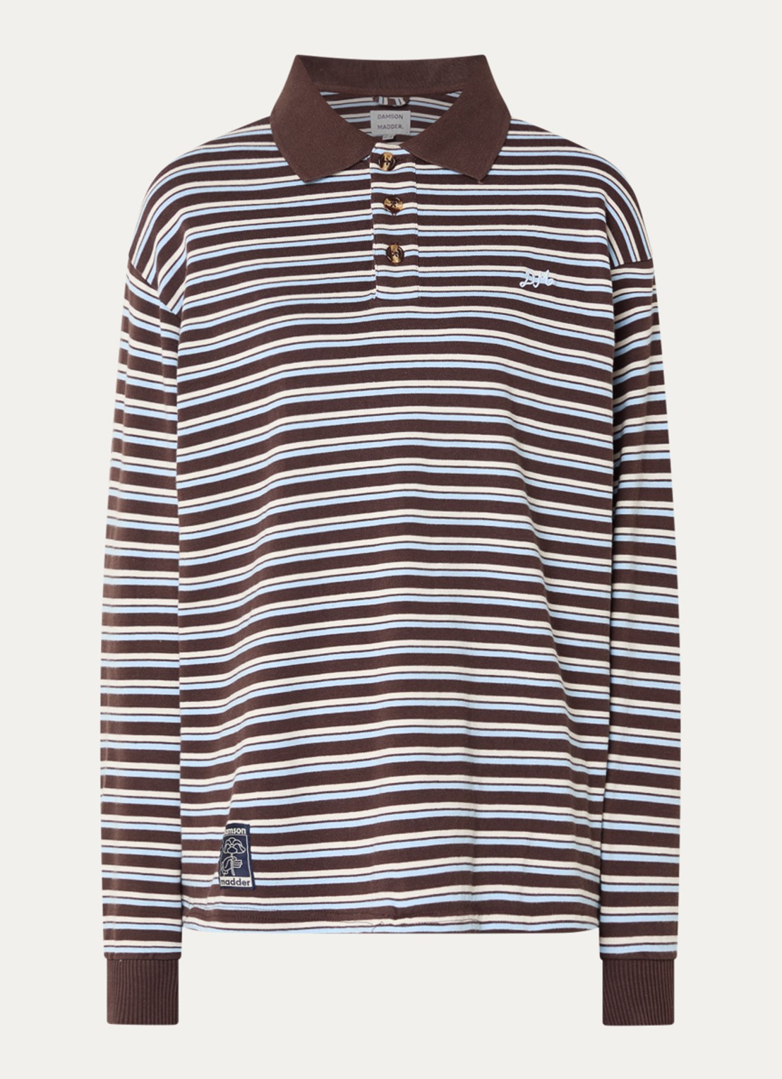 Damson Madder Remie regular fit polo met streepprint - voorkant 3 chocoladebruin