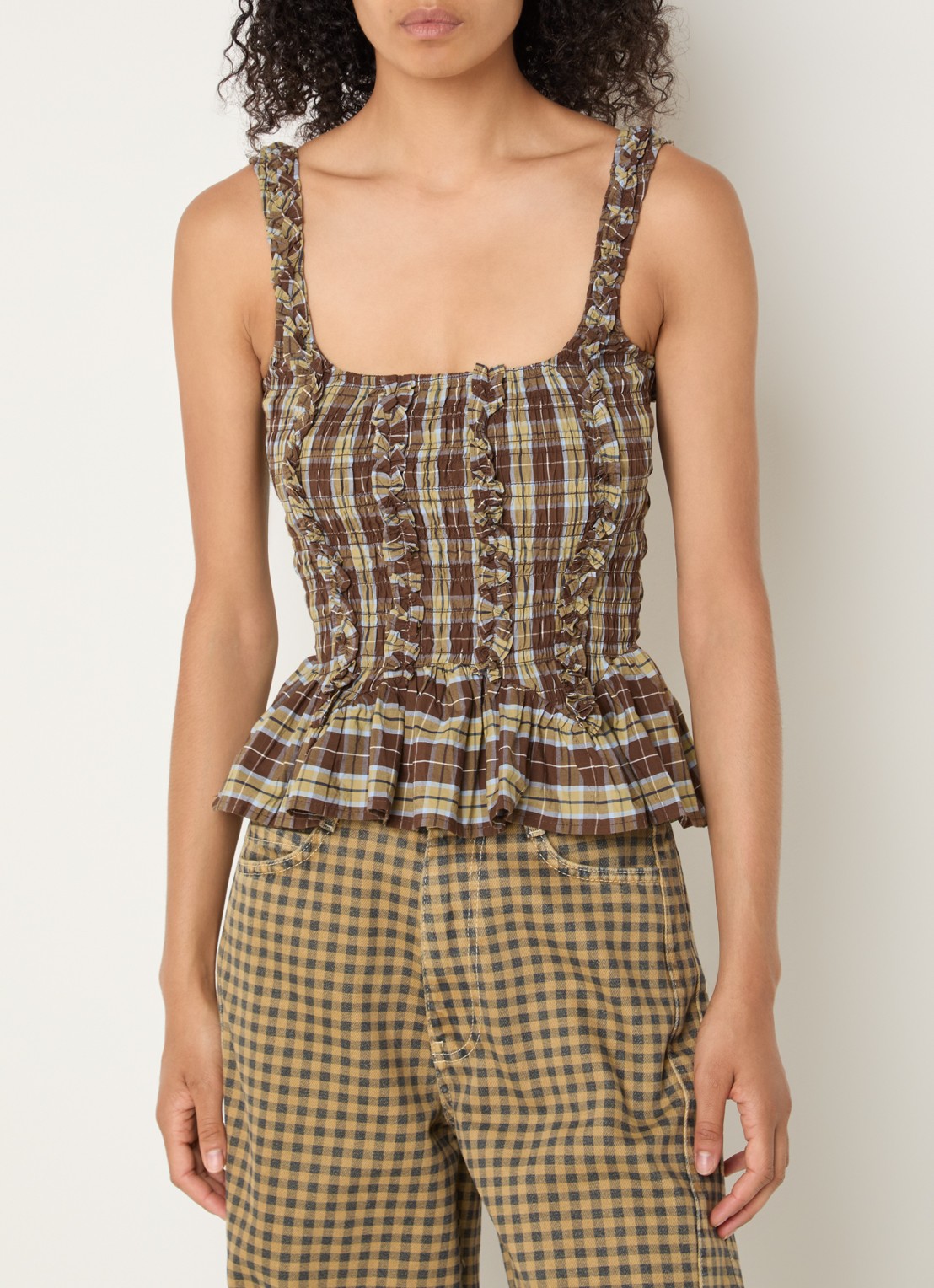 Damson Madder Taphi top met ruitdessin - detail bruin