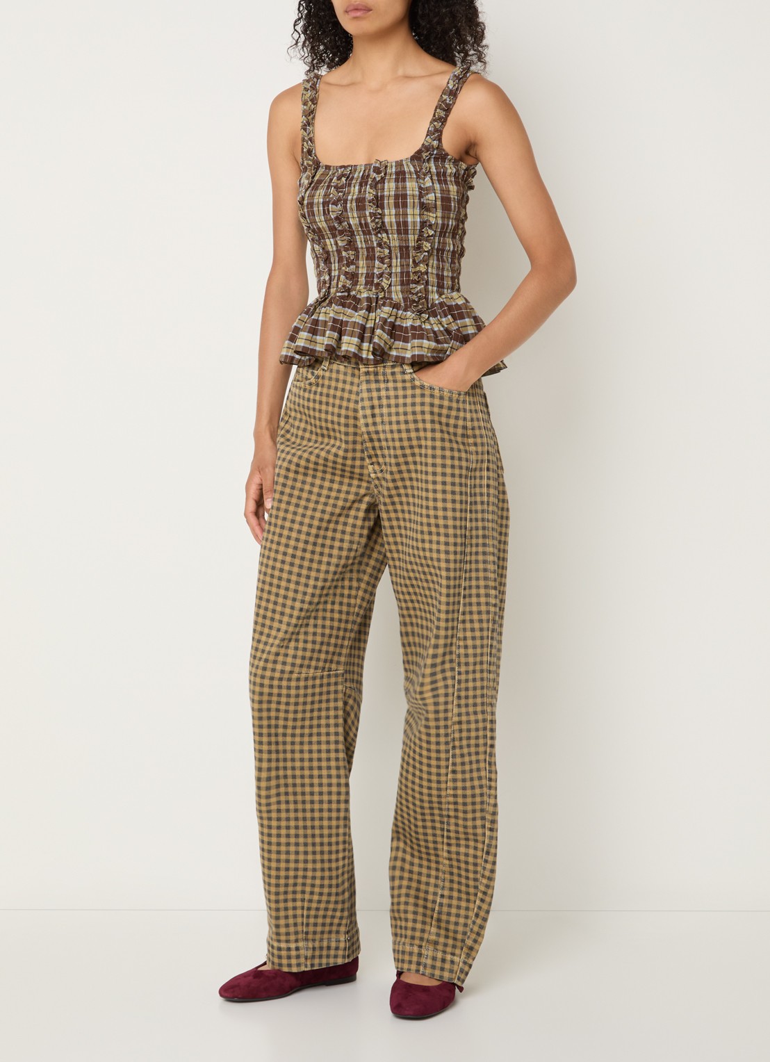 Damson Madder Taphi top met ruitdessin - voorkant 4 bruin