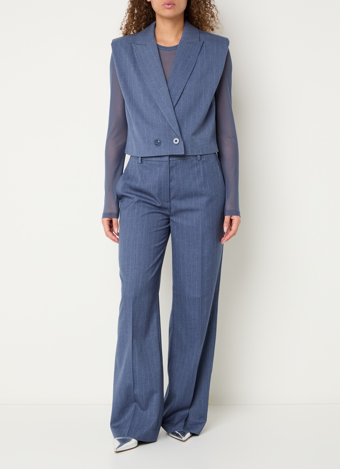 Dante 6 Alain mid waist wide fit pantalon met krijtstreep - voorkant 2 indigo