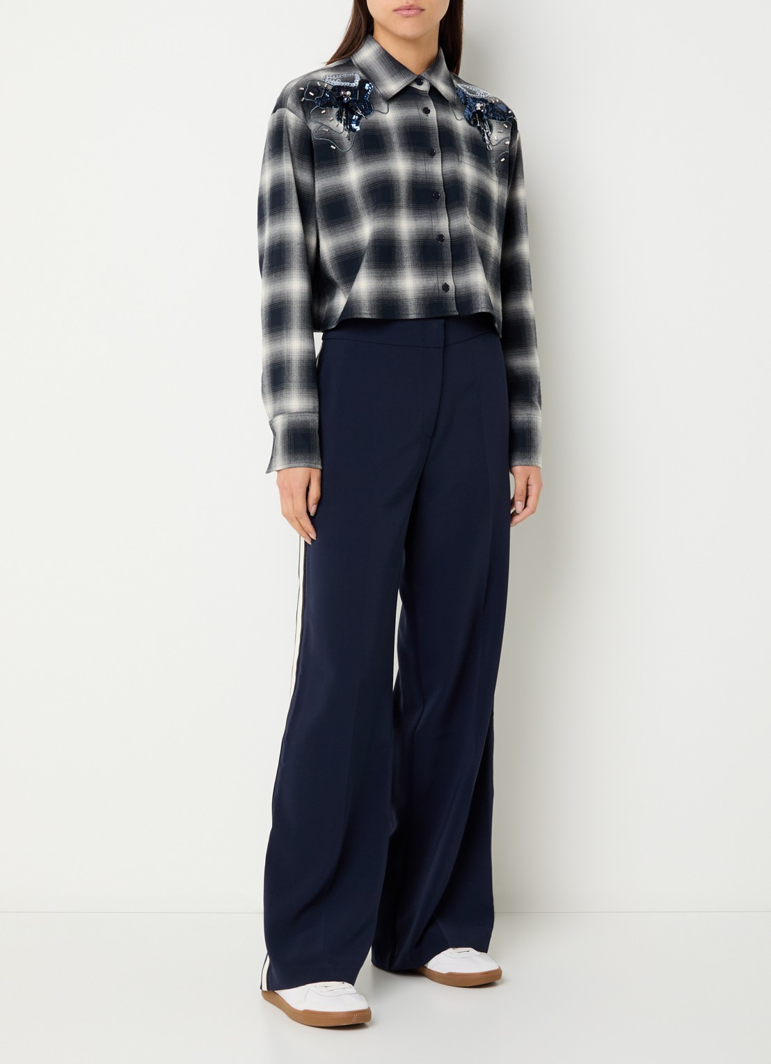 Dante 6 Eason blouse met ruitdessin en pailletten - voorkant 2 zwart