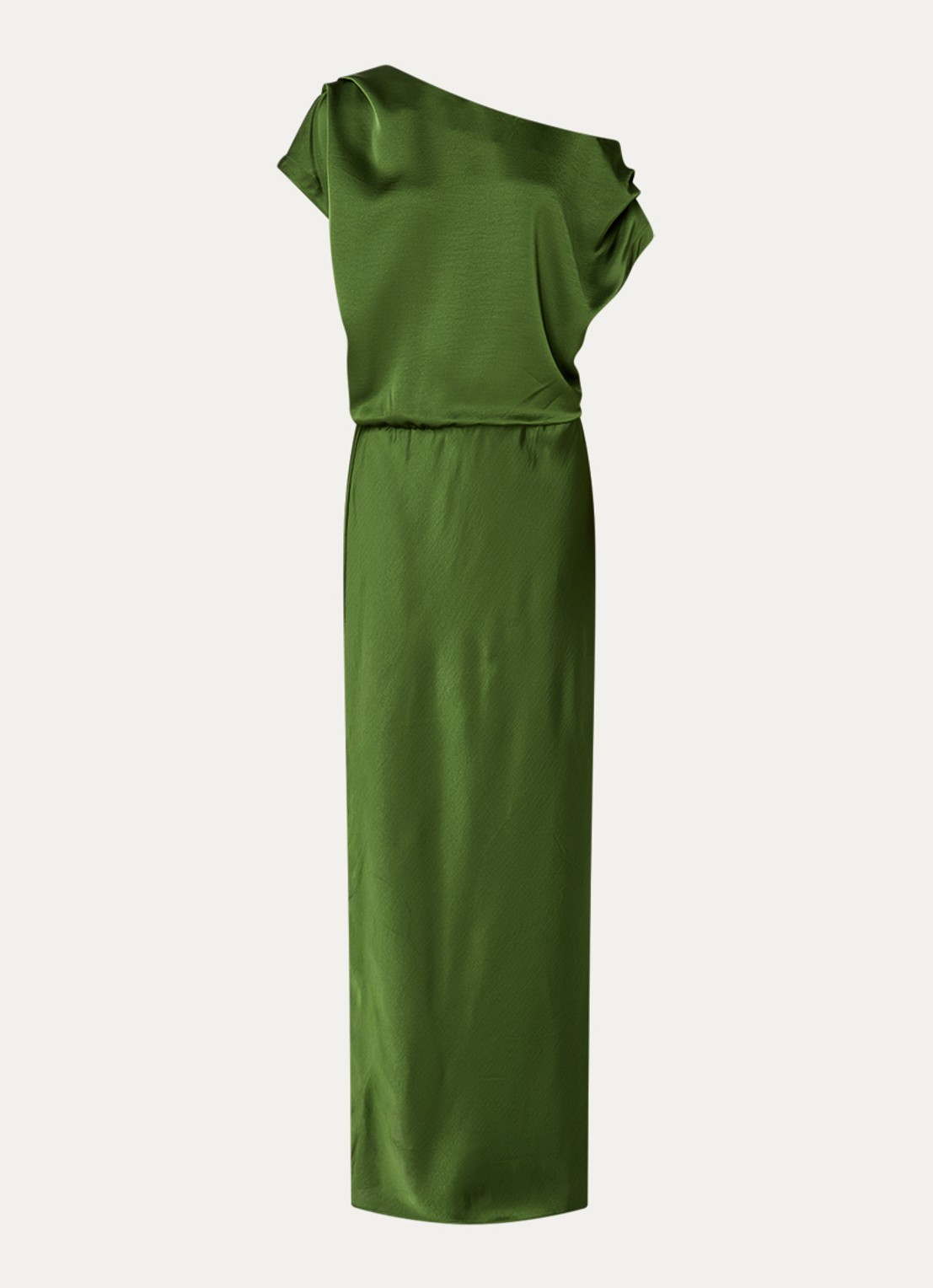 Dante 6 Epic one shoulder maxi jurk van satijn met split - voorkant legergroen