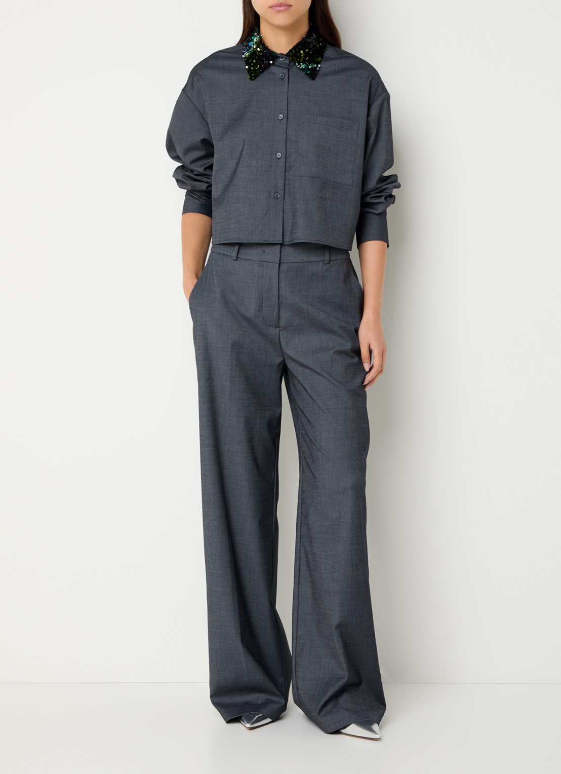 Dante 6 Gomo high waist wide fit pantalon met steekzakken - voorkant 2 donkergrijs