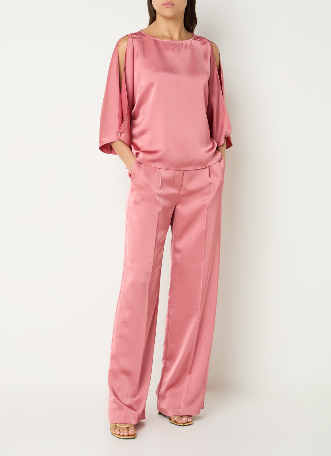 Dante 6 High waist wide fit pantalon van satijn  - voorkant 4 roze