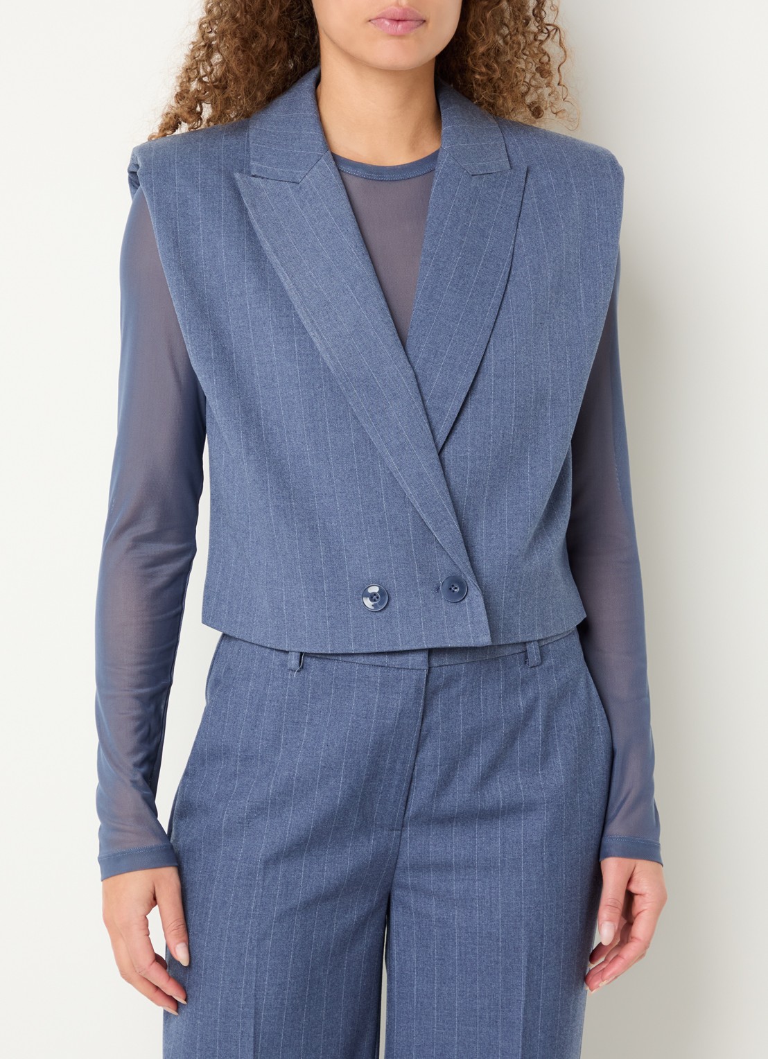 Dante 6 Jarod doube-breasted gilet met krijtstreep - detail staalblauw