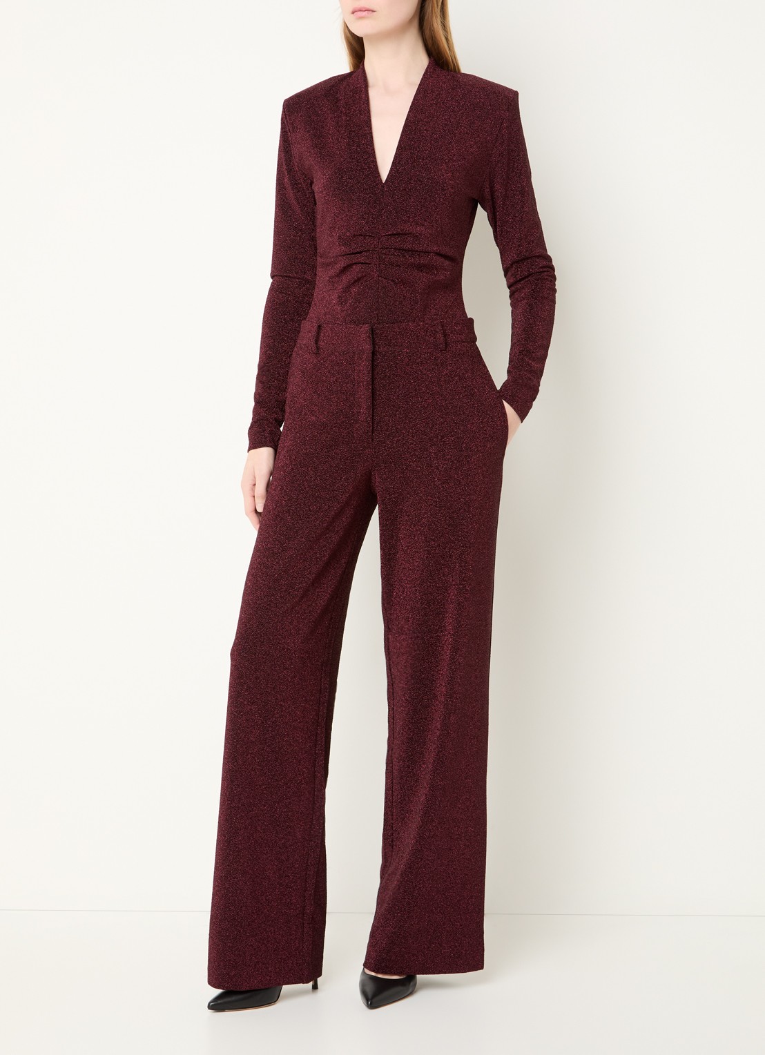 Dante 6 Noemia high waist straight fit pantalon met lurex - voorkant 3 bordeauxrood