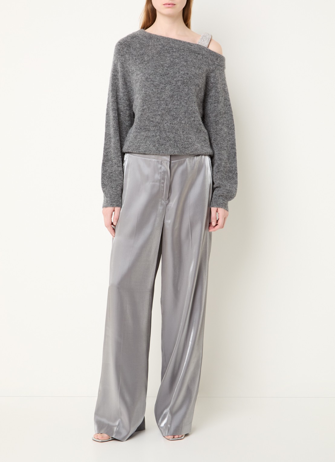 Dante 6 Purity mid waist wide fit pantalon met glanzende finish - voorkant 3 zilver