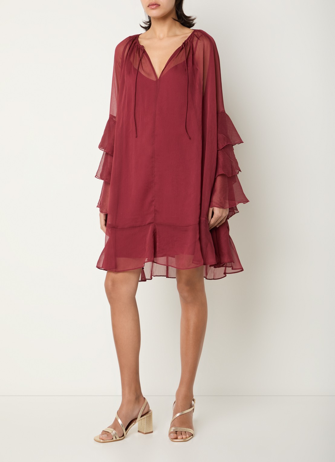 Dante 6 Solstice mini tuniekjurk met volant - voorkant 3 donkerrood