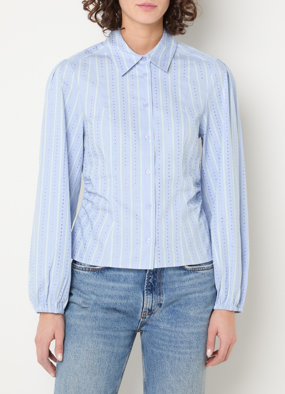 Dante 6 Therese blouse met strass en streepprint - detail 3 lichtblauw