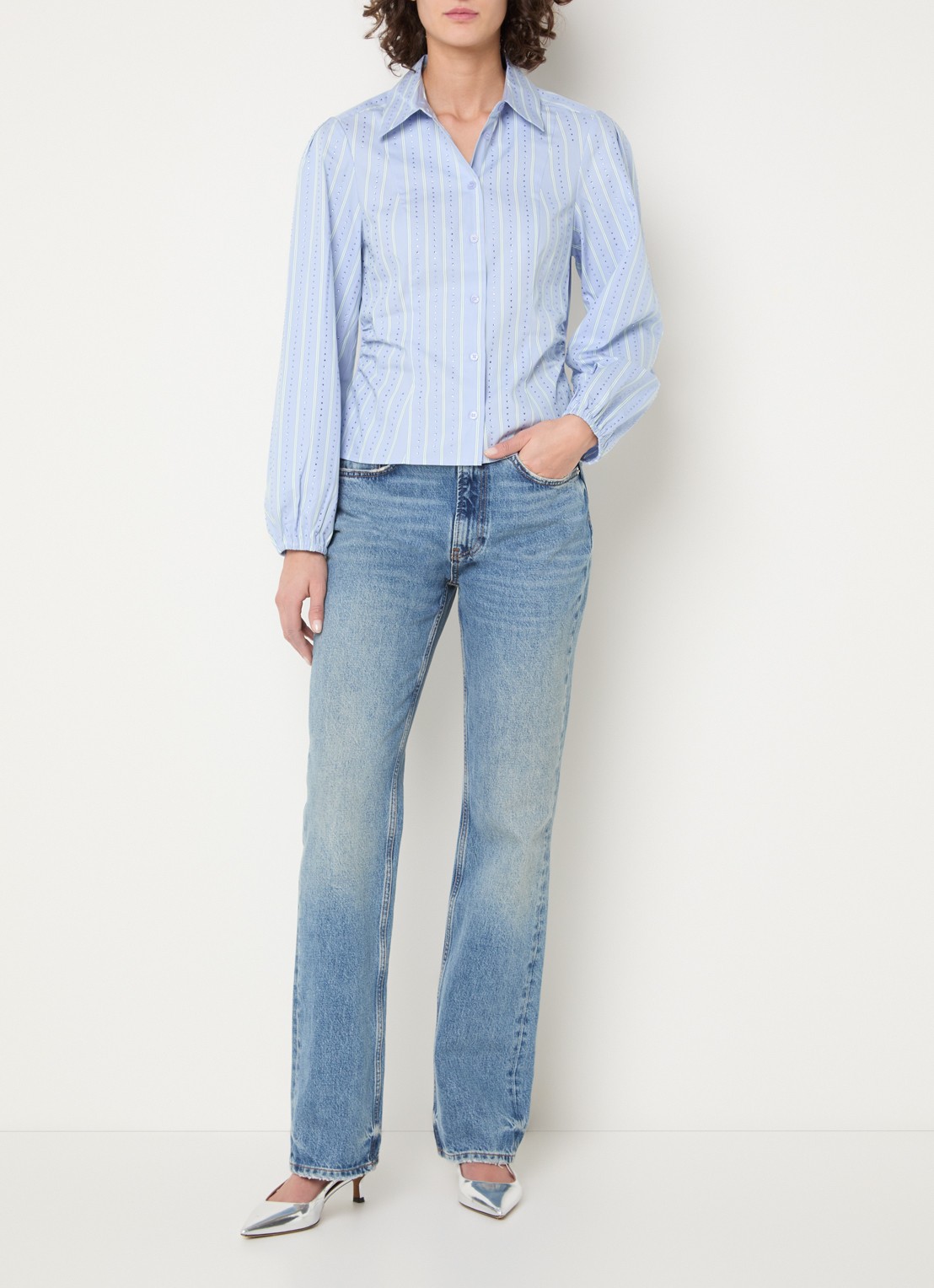 Dante 6 Therese blouse met strass en streepprint - voorkant 2 lichtblauw
