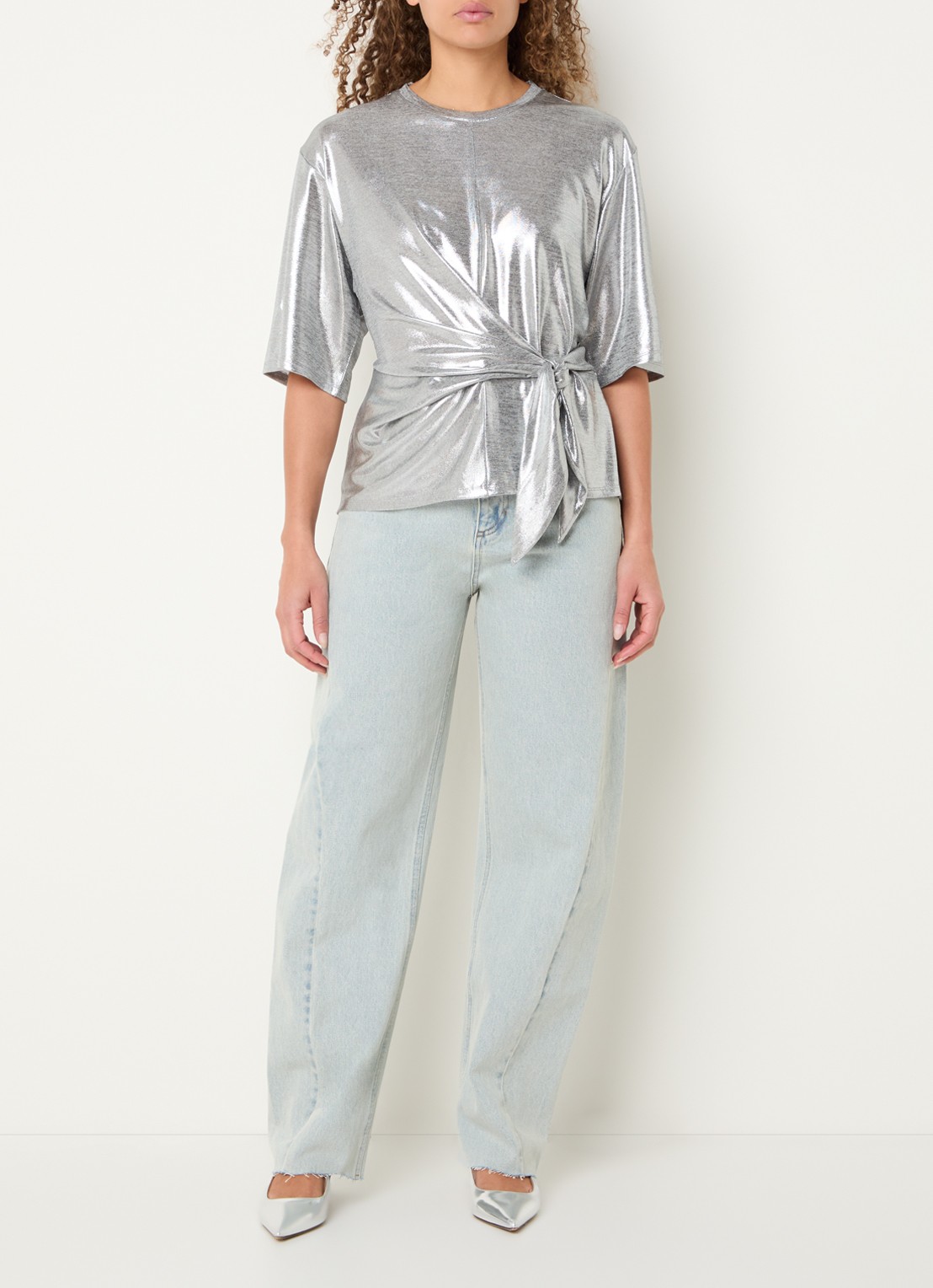 Dante 6 Uxia top met metallic finish en geknoopt detail - voorkant 4 zilver