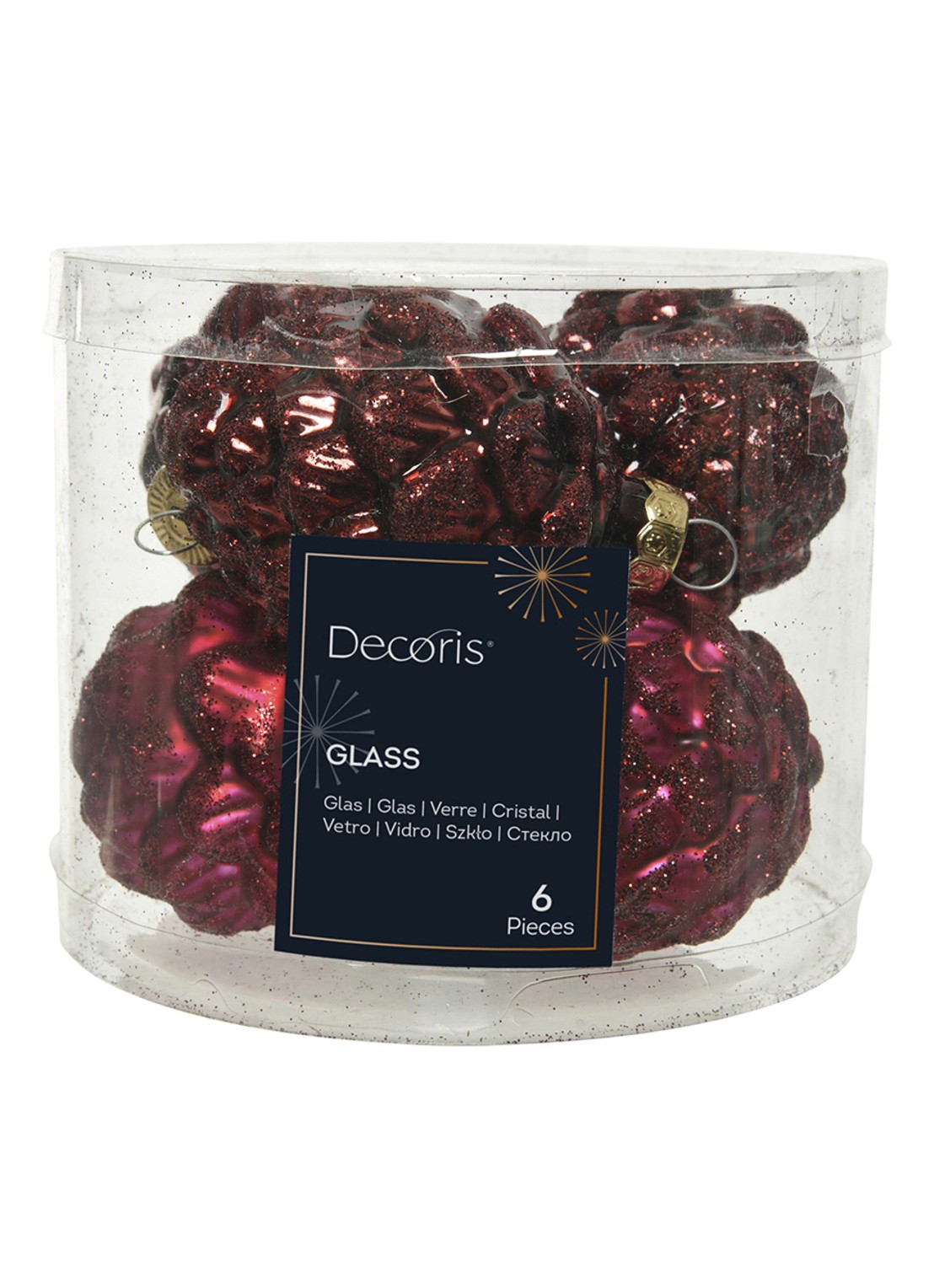 Decoris Dennenappel kerstbal 7 cm set van 6 - voorkant rood