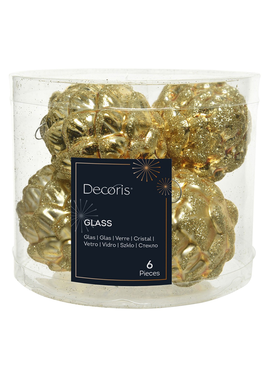 Decoris Dennenappel kersthanger 7 cm set van 6 - voorkant goud