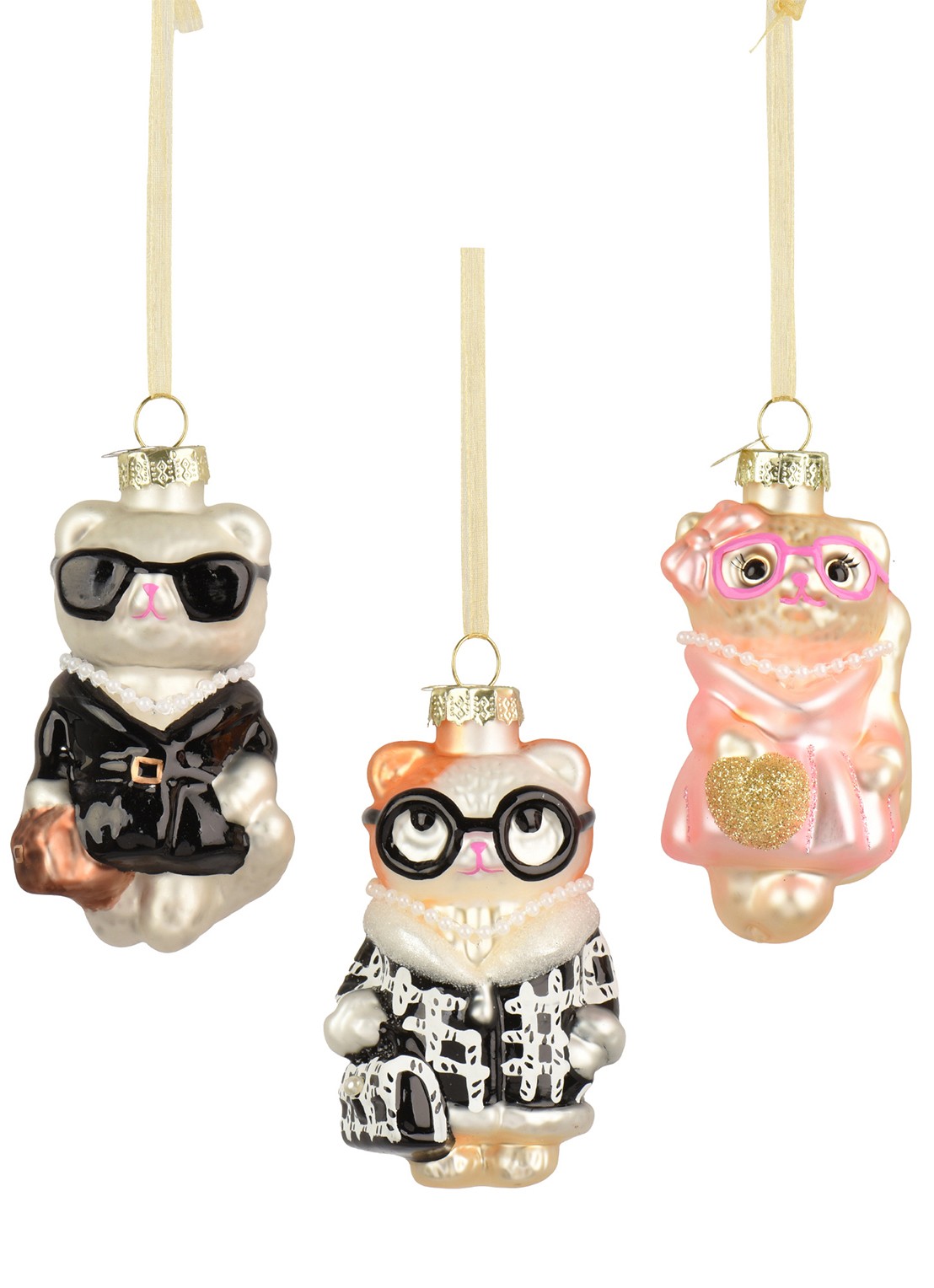 Decoris Hond kersthanger 8,9 cm set van 3 - voorkant parelmoer