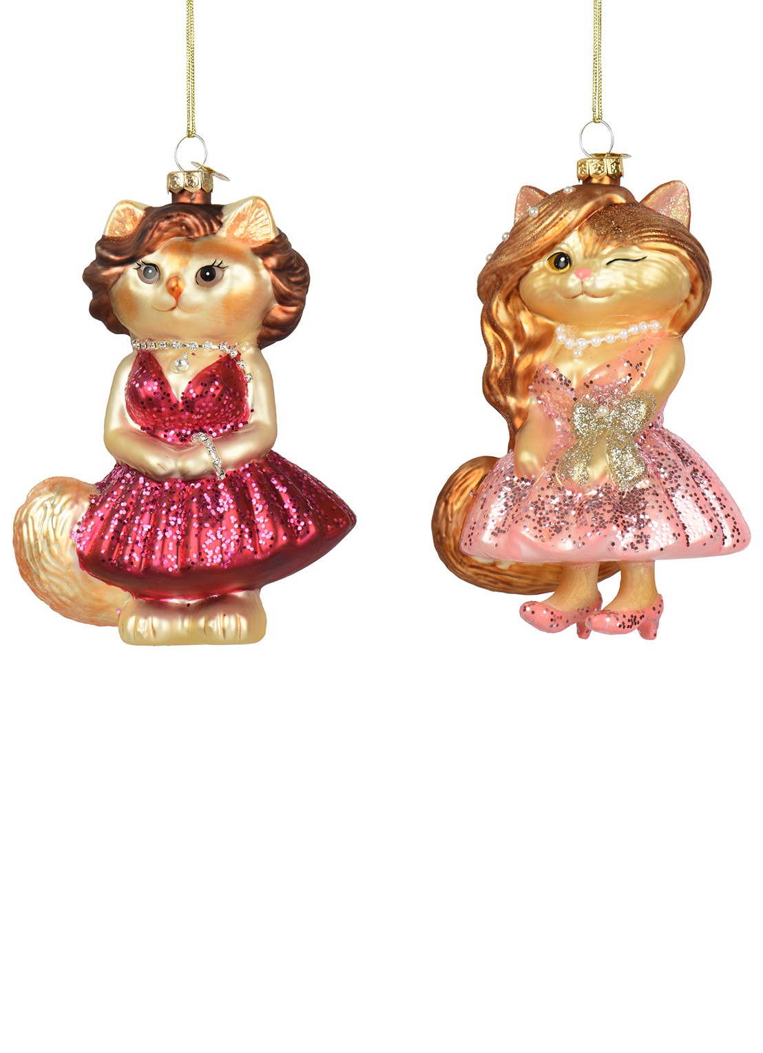 Decoris Kat kersthanger 13,5 cm set van 2 - voorkant roze