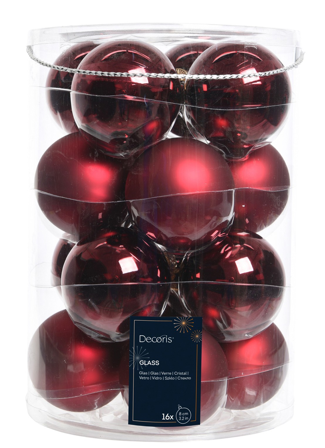 Decoris Kerstbal 8 cm set van 16 - voorkant donkerrood
