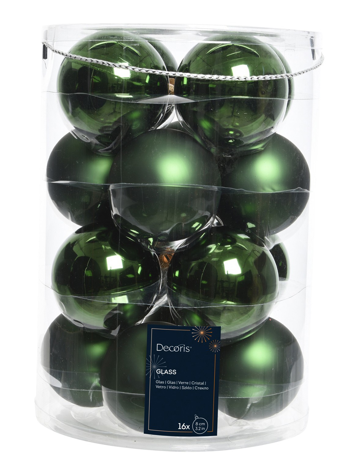 Decoris Kerstbal 8 cm set van 16 - voorkant groen