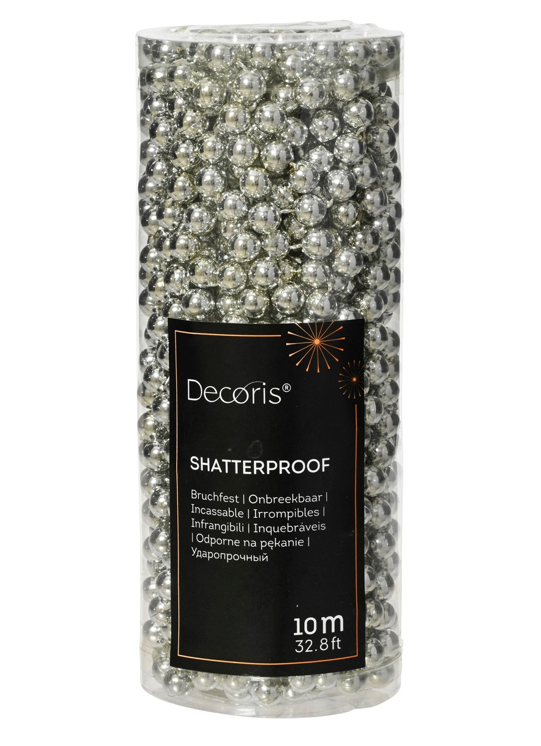 Decoris Kralen kerstslinger 10 meter - voorkant zilver