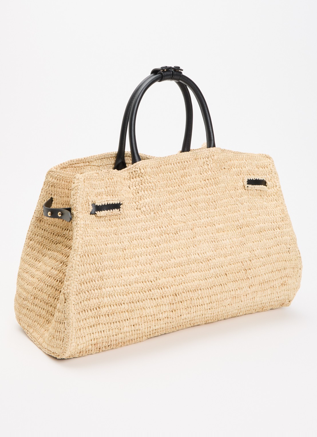 DeMellier The Hudson handtas van raffia met leren details  - achterkant 5 beige