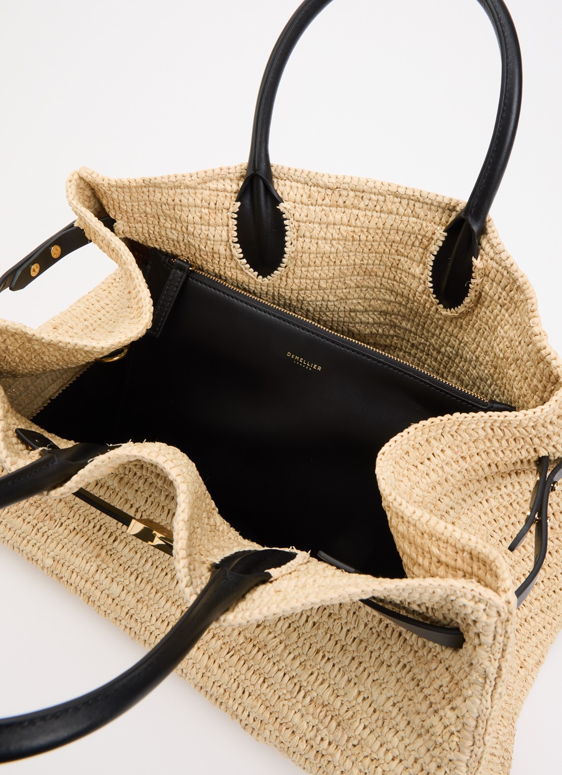 DeMellier The Hudson handtas van raffia met leren details  - detail beige