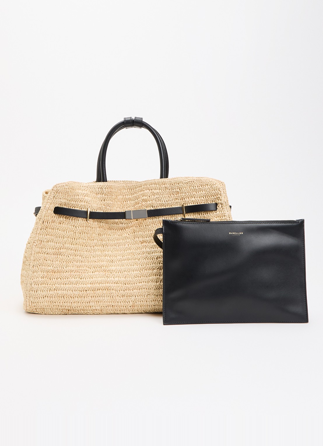 DeMellier The Hudson handtas van raffia met leren details  - voorkant 4 beige