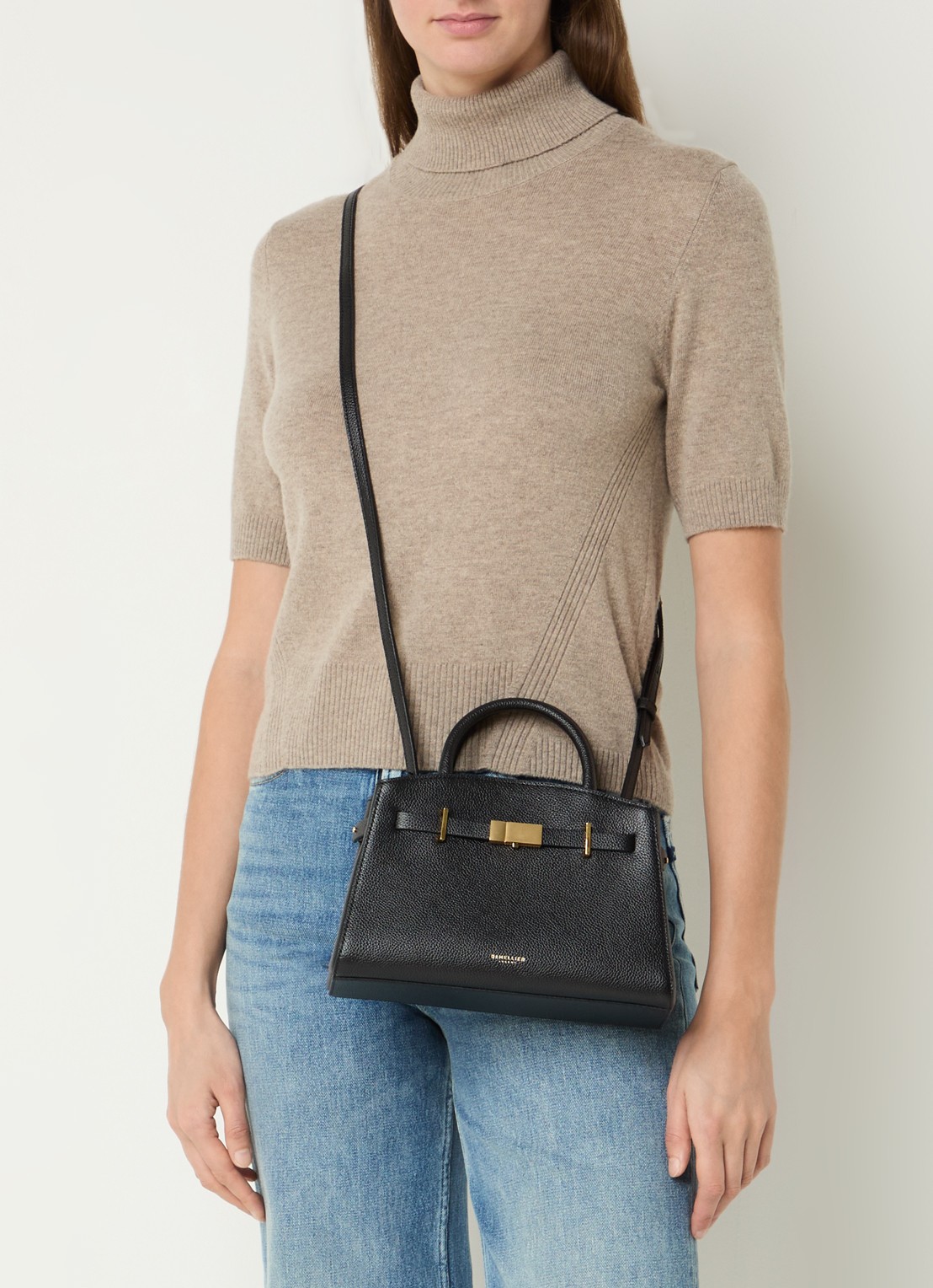 DeMellier The Hudson Small handtas van leer met afneembare schouderriem - voorkant 4 zwart
