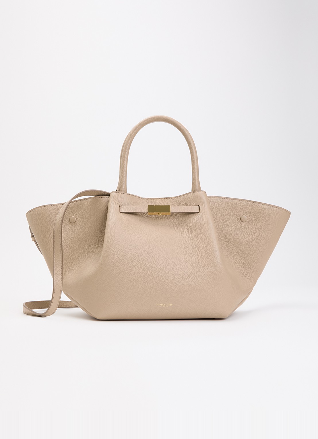 DeMellier The Midi New York handtas van suède met afneembare schouderriem - voorkant beige