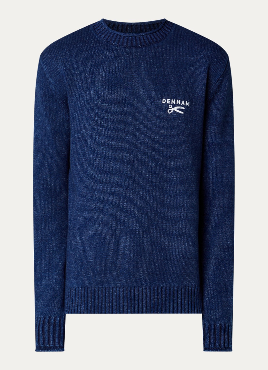Denham Fijngebreide trui met logo - voorkant 3 donkerblauw
