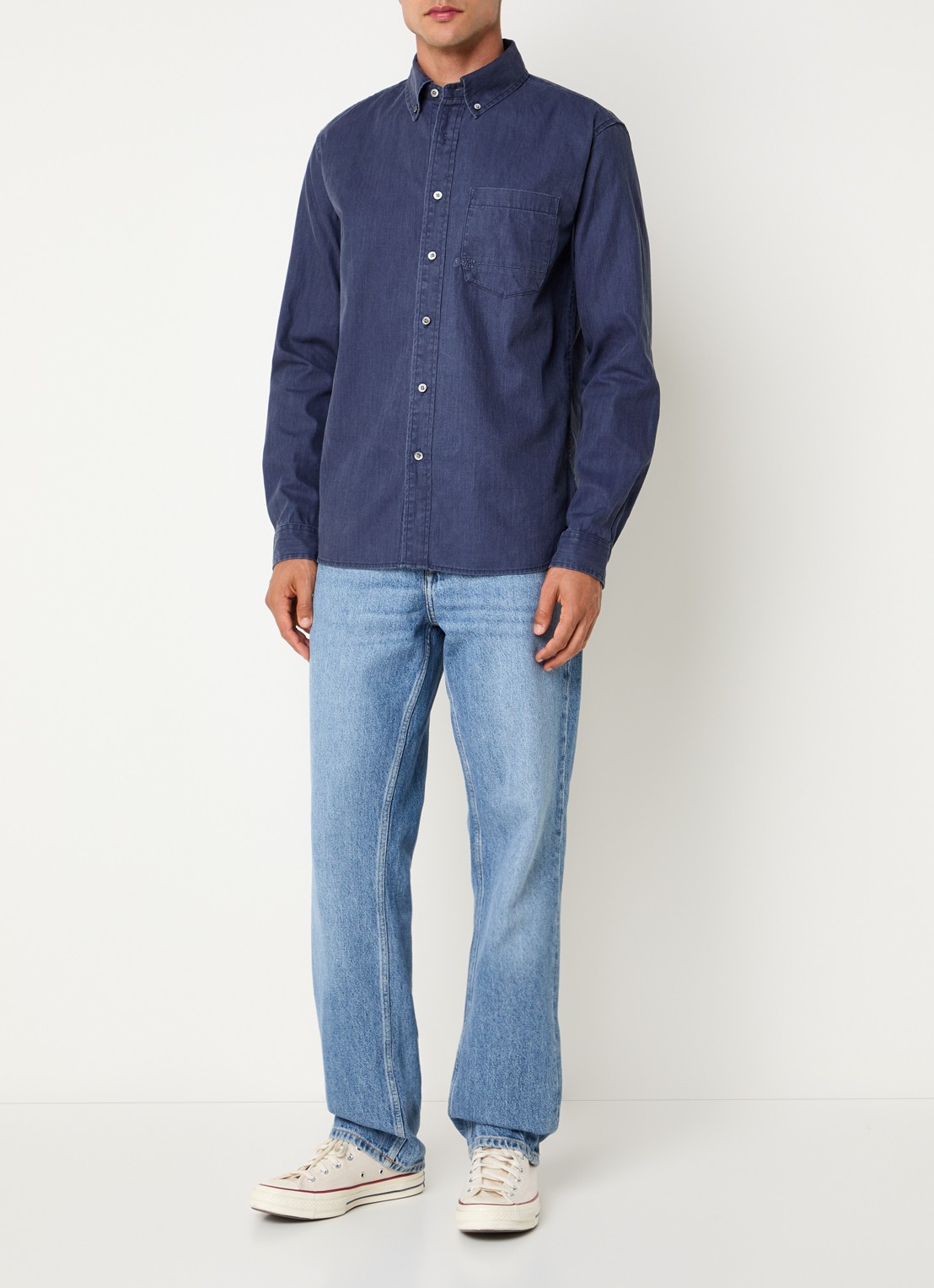 Denham Grid regular fit overhemd met borstzak - voorkant 2 donkerblauw