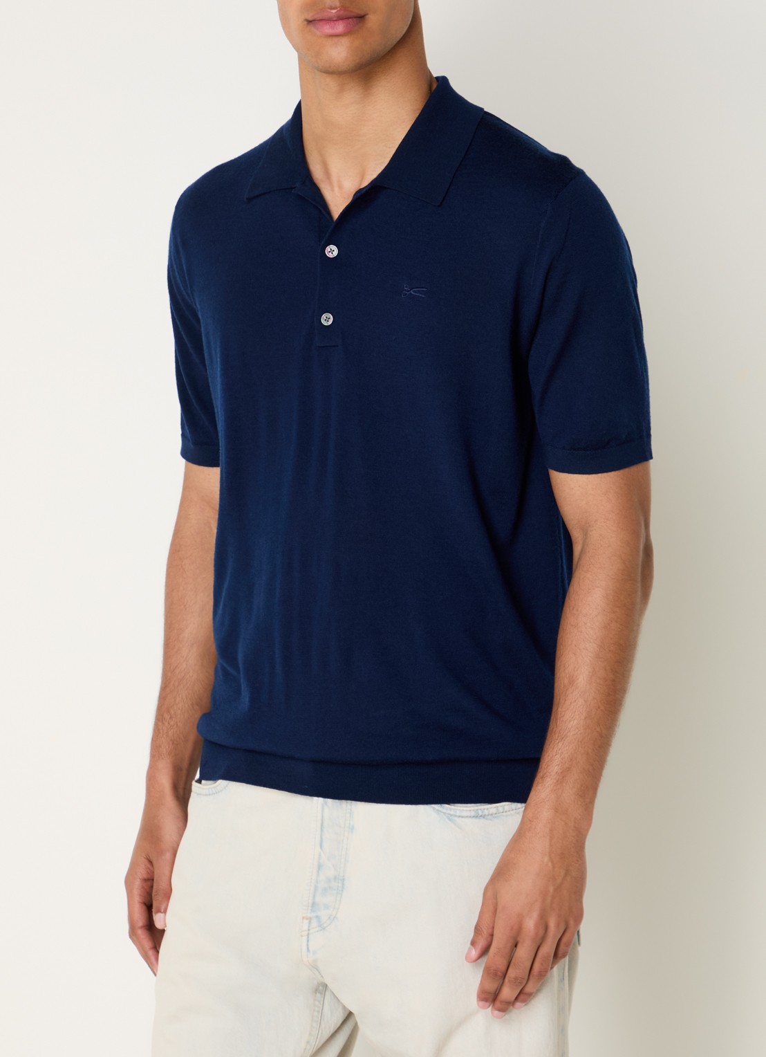 Denham Regular fit polo van wol met logoborduring - detail 4 donkerblauw