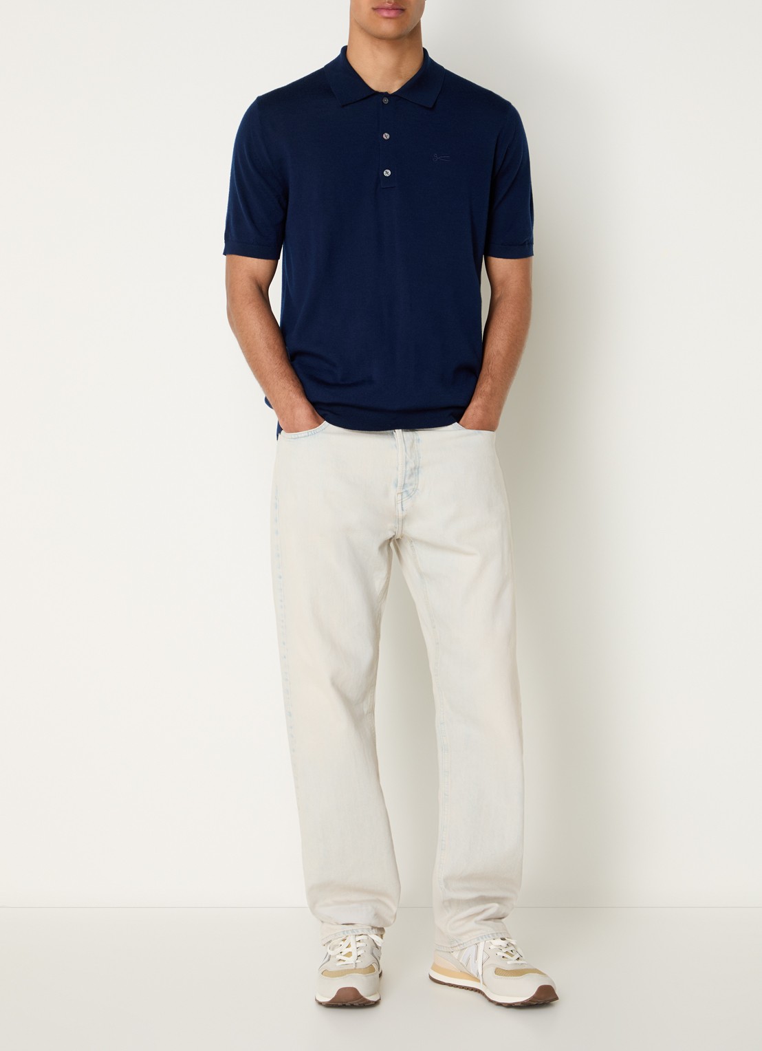 Denham Regular fit polo van wol met logoborduring - voorkant 2 donkerblauw
