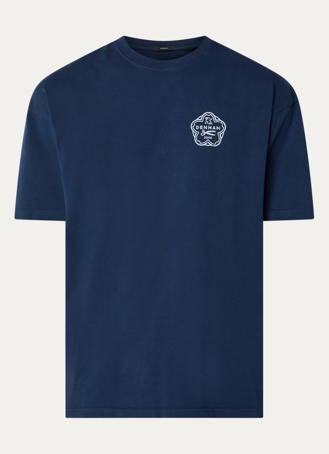 Denham Sake T-shirt met logo- en backprint - voorkant donkerblauw