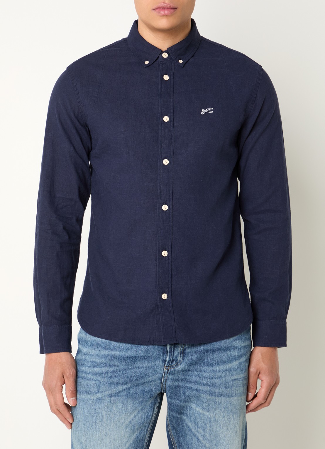 Denham Scissor regular fit overhemd in linnenblend - detail 4 donkerblauw
