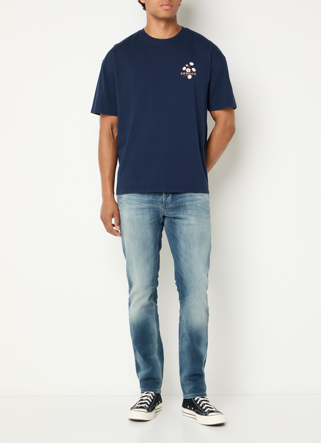 Denham T-shirt met logoprint - voorkant 2 donkerblauw