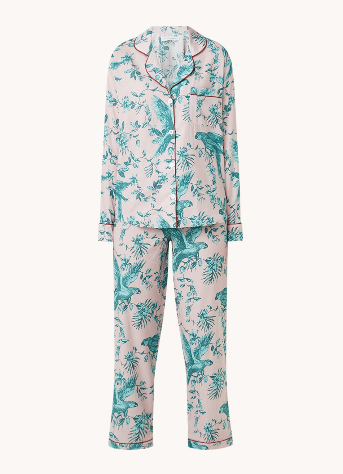 Desmond & Dempsey Parrot pyjamaset van  katoen - voorkant 2 oudroze