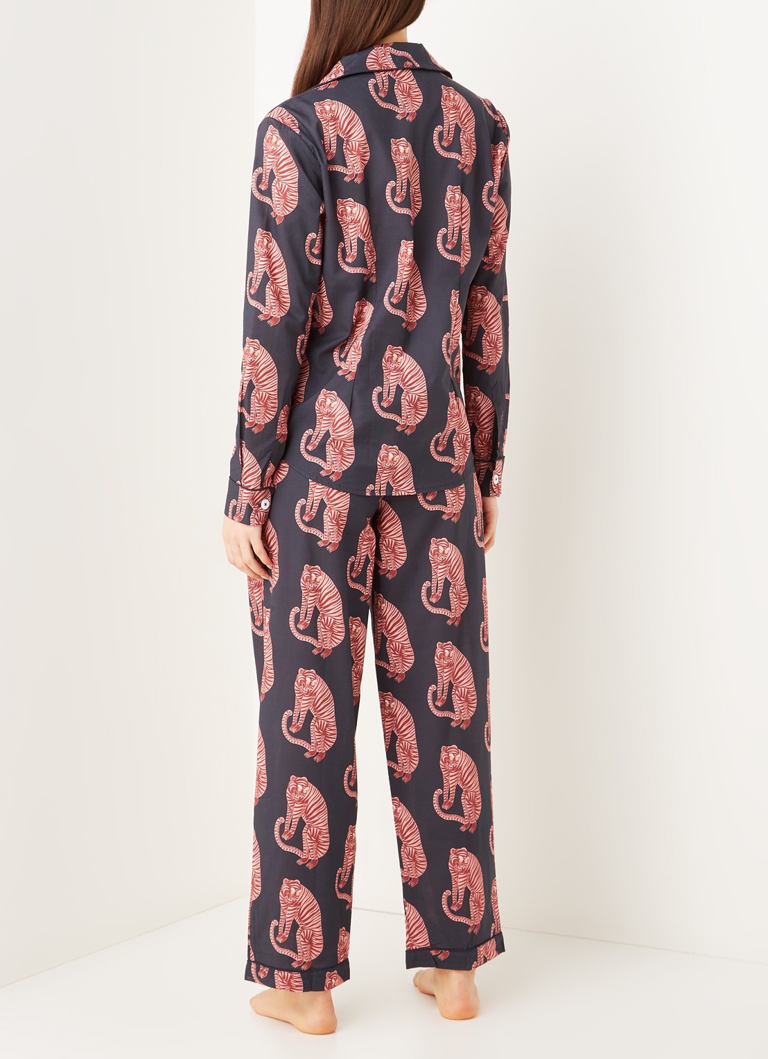 Desmond & Dempsey Tiger pyjamaset van  katoen met print - achterkant 3 donkerblauw