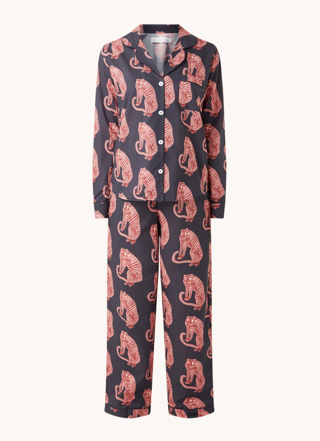 Desmond & Dempsey Tiger pyjamaset van  katoen met print - voorkant donkerblauw