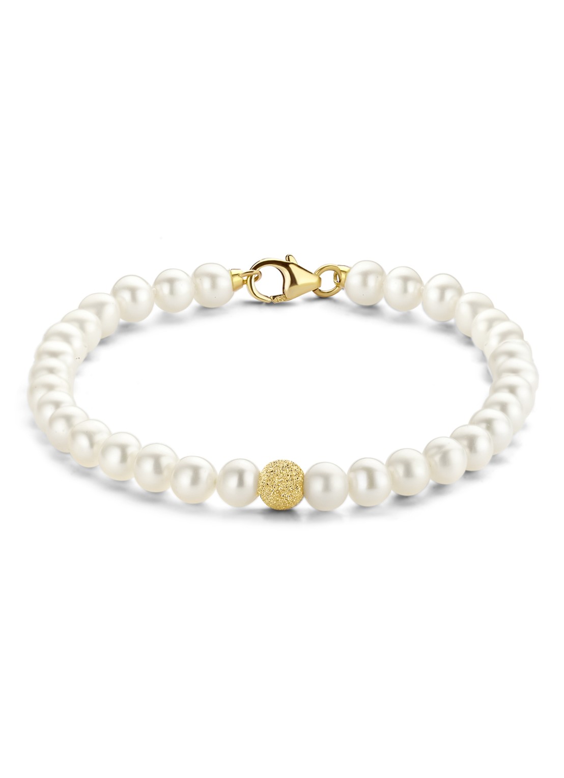 Diamond Point Geelgouden armband witte zoetwaterparel Rivièra - voorkant wit