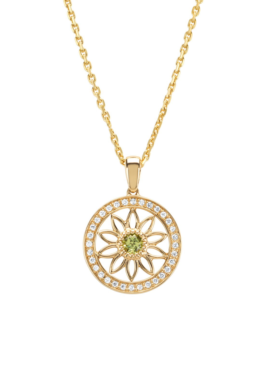 Diamond Point Geelgouden hanger, 0.11 ct peridoot, Birthstones - voorkant geelgoud