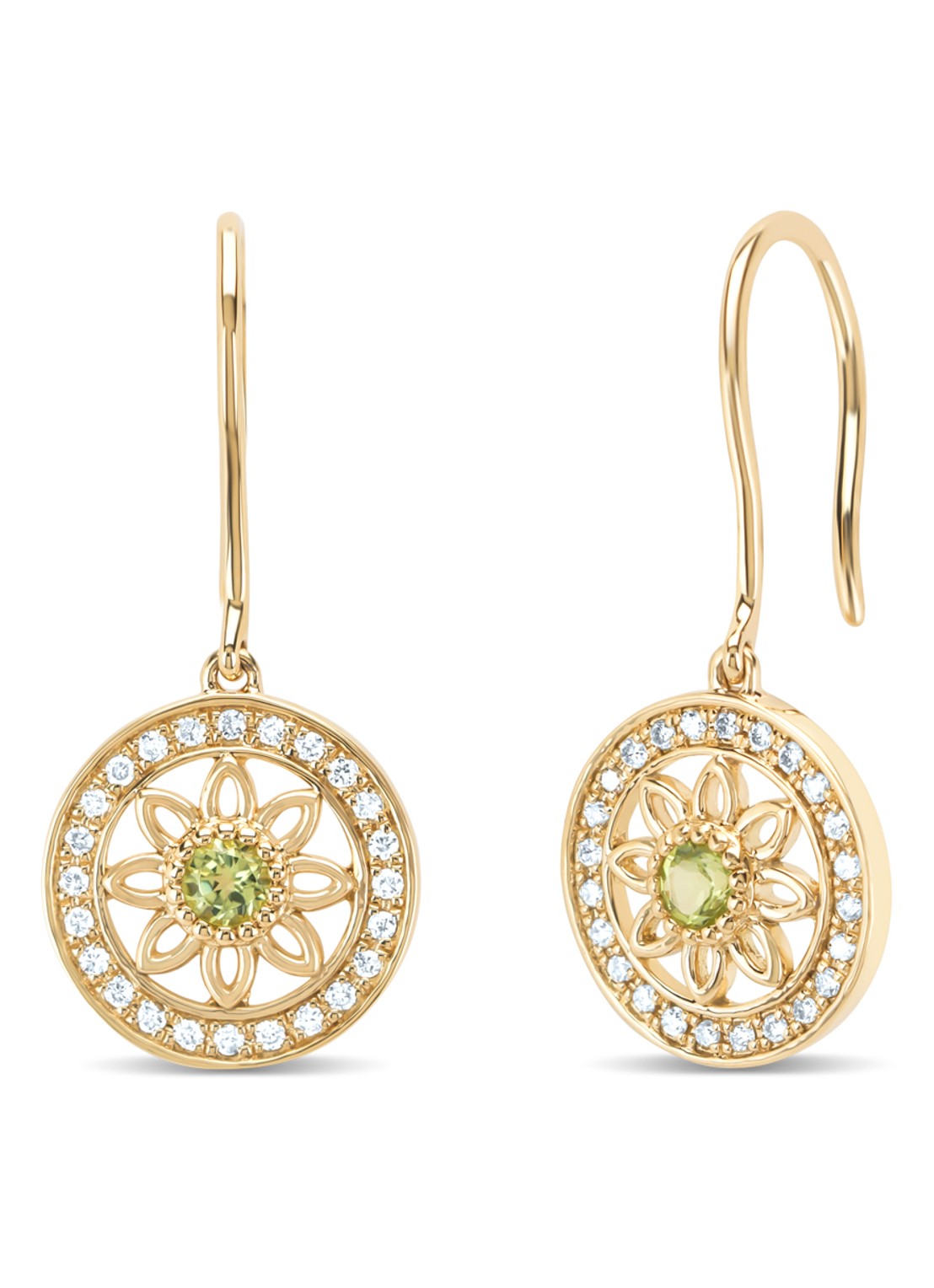 Diamond Point Geelgouden oorsieraden, 0.15 ct peridoot, Birthstones - voorkant geelgoud