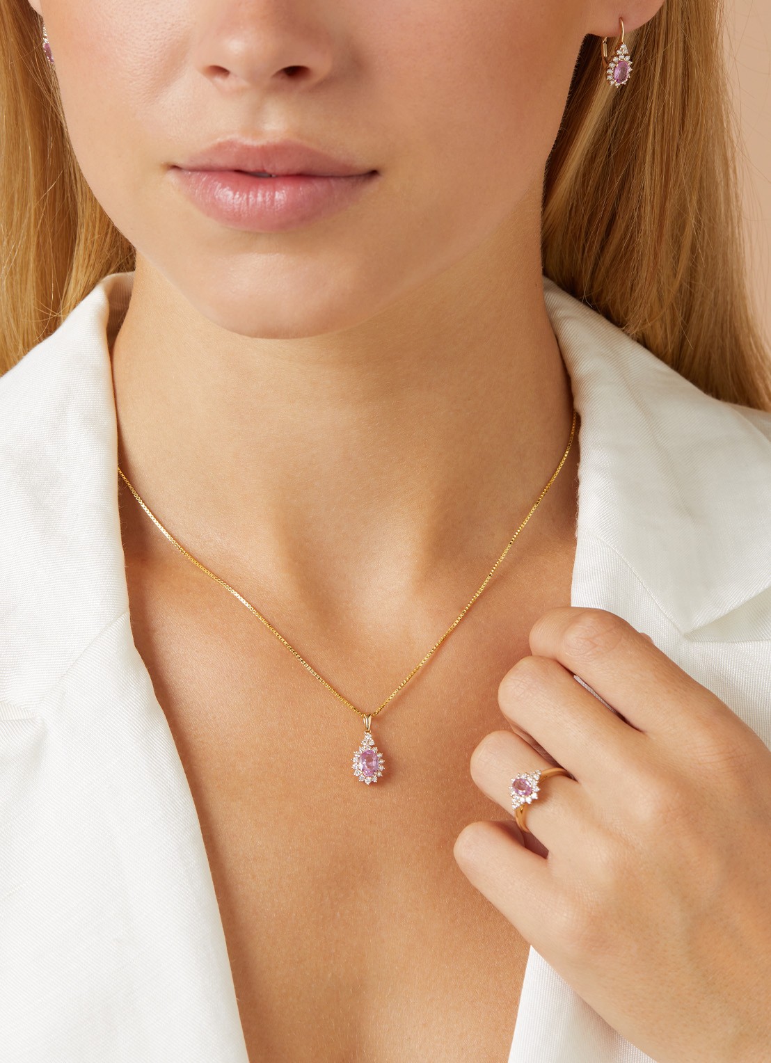 Diamond Point Geelgouden oorsieraden, 1.21 ct roze saffier, Eden - voorkant 2 geelgoud
