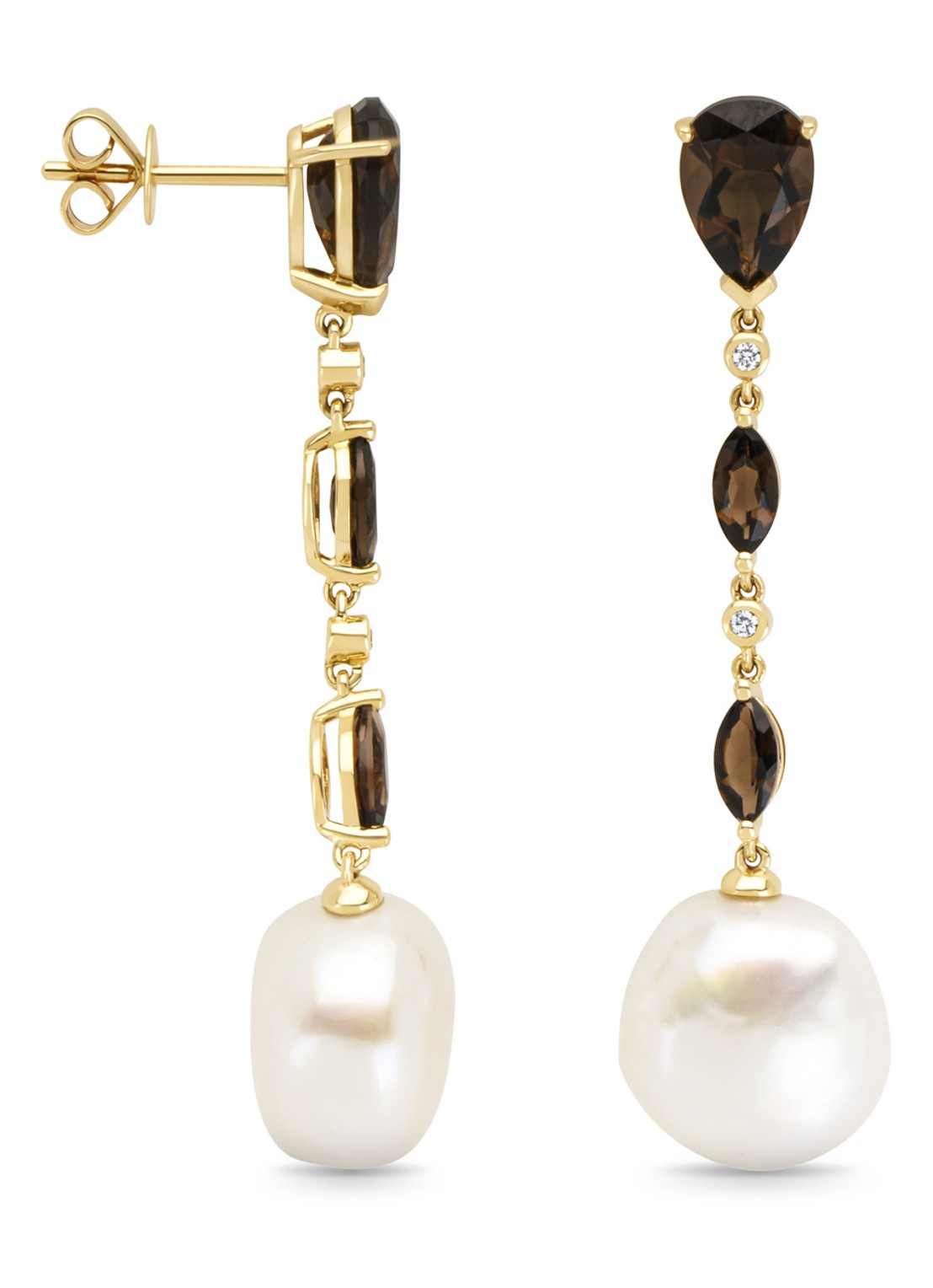 Diamond Point Geelgouden oorsieraden, 3.38 ct rookkwarts, Rivièra - voorkant 2 geelgoud