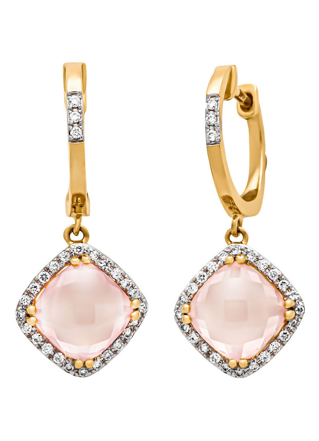 Diamond Point Geelgouden oorsieraden, 3.39 ct roze kwarts, Fiësta - voorkant geelgoud