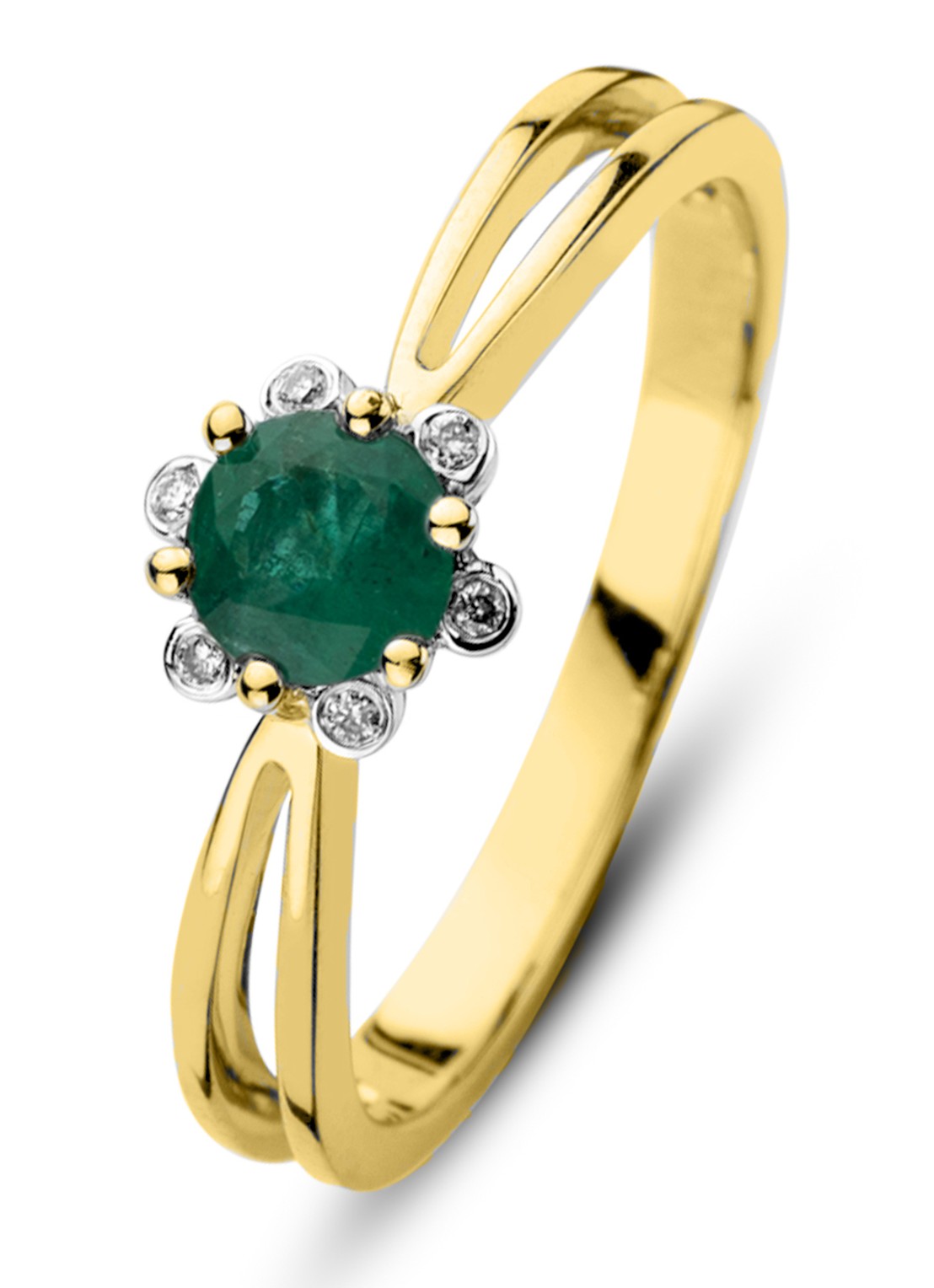 Diamond Point Geelgouden ring 0.38 ct smaragd Empress - voorkant goud