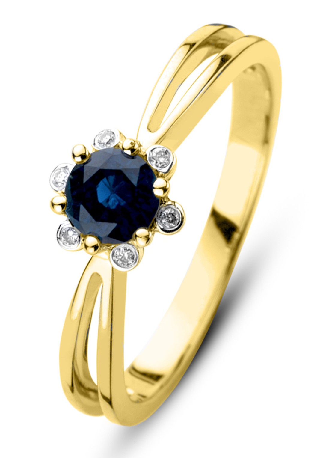 Diamond Point Geelgouden ring 0.50 ct blauwe saffier Empress - voorkant geelgoud