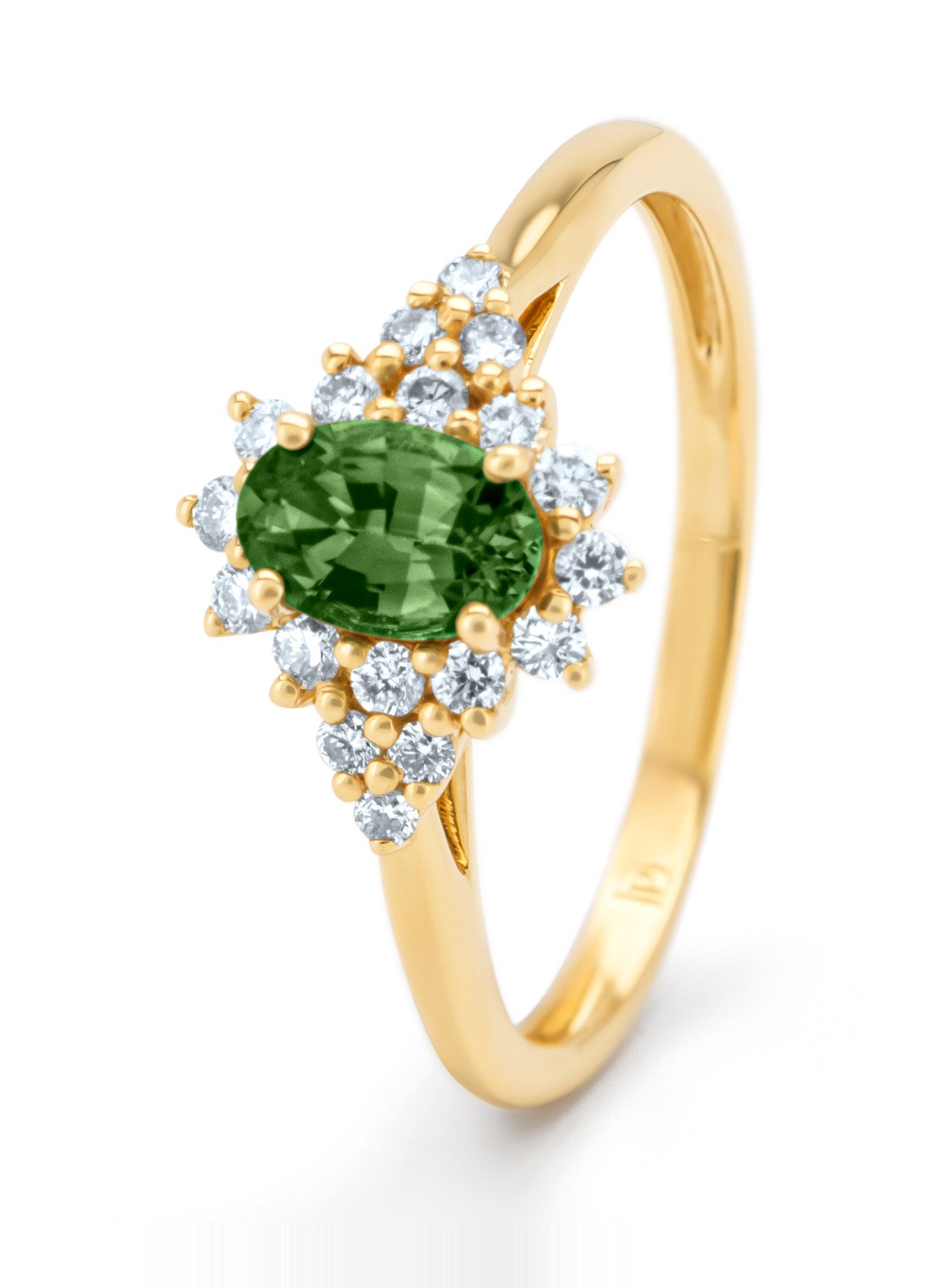 Diamond Point Geelgouden ring, 0.60 ct groene saffier, Eden - voorkant geelgoud