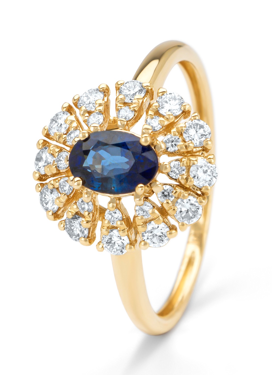 Diamond Point Geelgouden ring, 0.64 ct blauwe saffier, Majestic - voorkant geelgoud