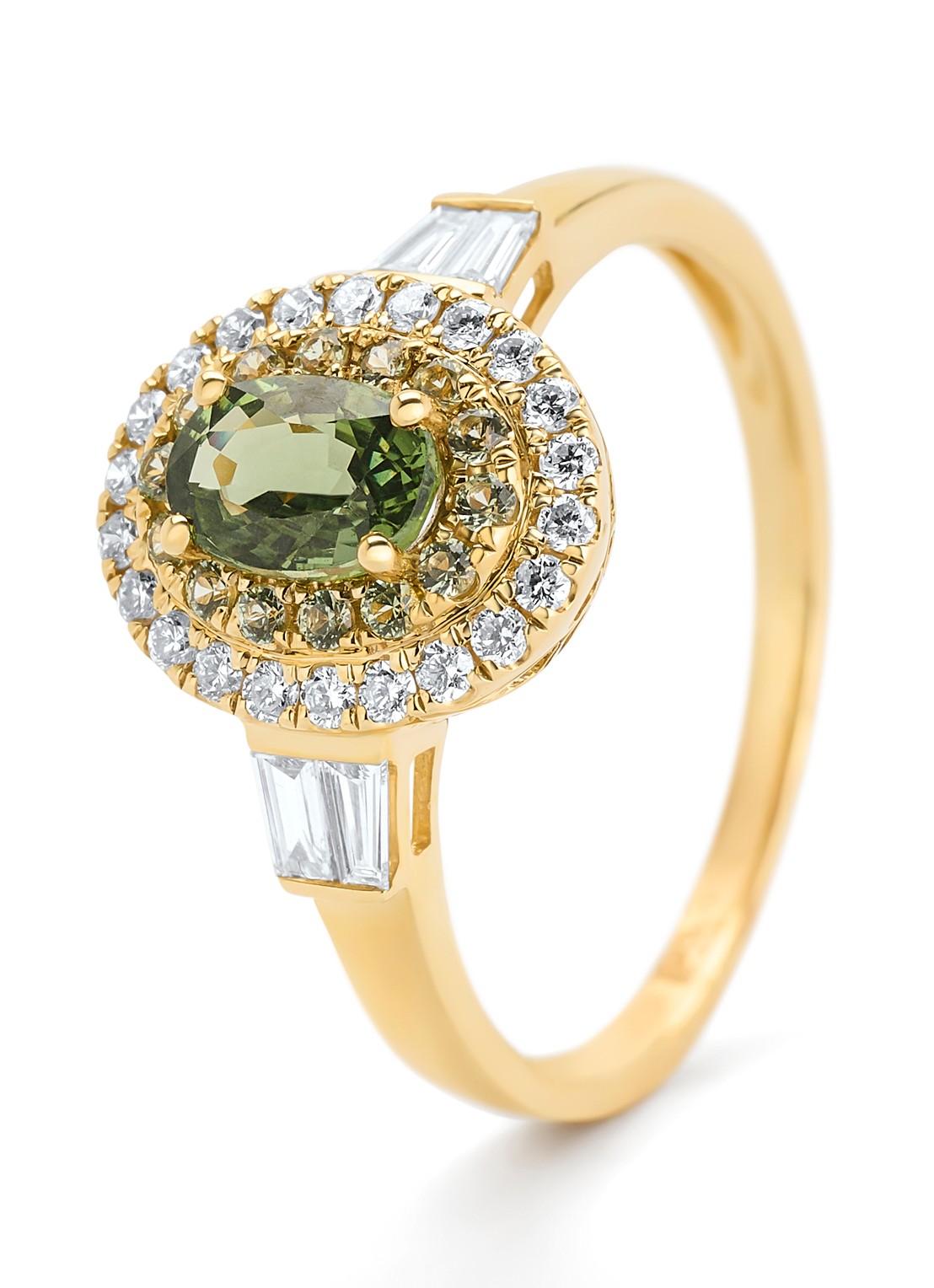 Diamond Point Geelgouden ring, 0.79 ct groene saffier, Eden - voorkant geelgoud