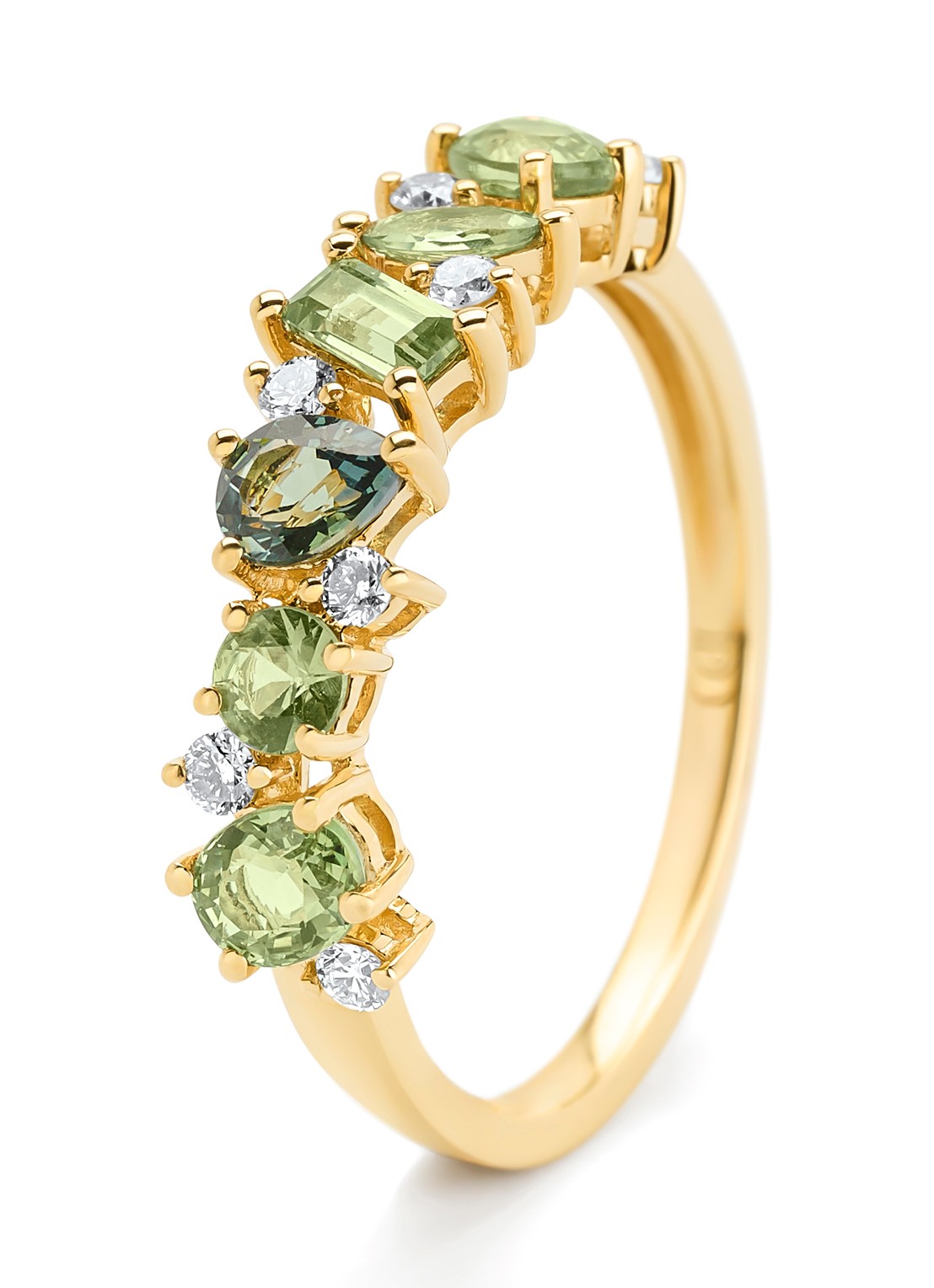 Diamond Point Geelgouden ring, 1.10 ct groene saffier, Eden - voorkant geelgoud